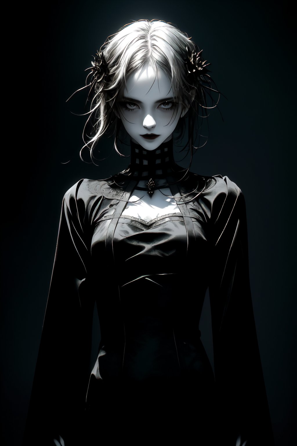 A gothic style portrait of a beautiful woman, clad in all-encompassing black attire, stands stoic amidst a somber, mysterious backdrop. Shadows dance across her pale complexion as she smiles menacingly at the viewer, the foreboding lighting accentuating the severity of her expression. The atmosphere is heavy with foreboding, as if secrets lurk in the darkness.