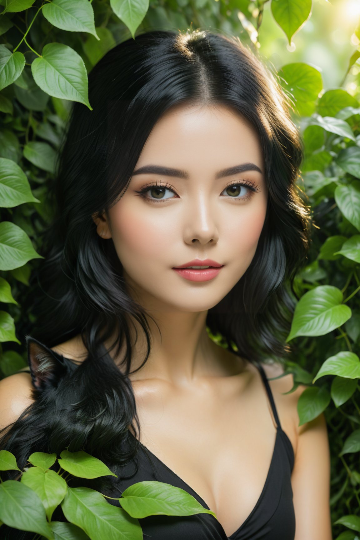 A young woman with piercing green cat-like eyes and chin-length, jet-black hair sits amidst a lush, verdant backdrop. Leaves and vines wrap around her, as if embracing her. The soft focus and warm lighting accentuate the subject's serene expression.