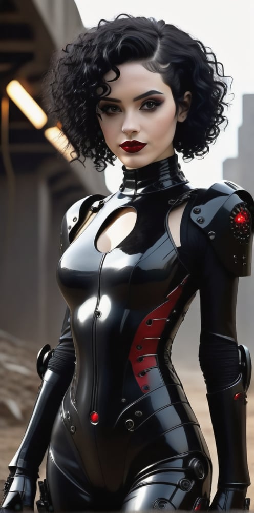 A full body shot of a young goth woman, short black curly hair, slightly smiling, one raised eyebrow, wearing a black metal cyborg suit , red lips, dark eye makeup, dark future battlefield  background,