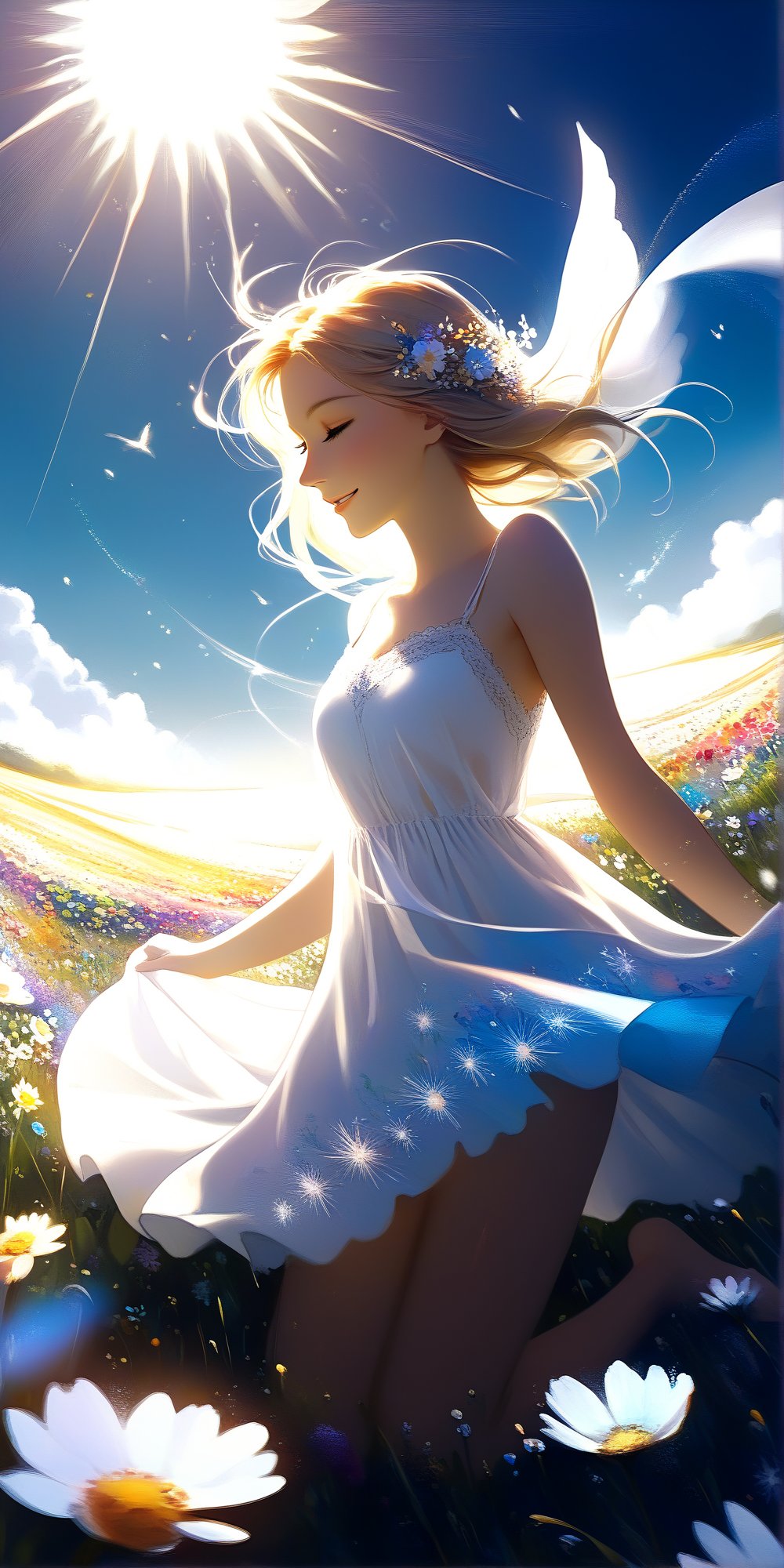 A vibrant, dreamlike scene: A young woman's radiant smile illuminates her entire face as she twirls barefoot in a lush, sun-kissed flower meadow. Her short white mini dress flutters around her knees, while a sea of colorful blooms sways gently in the warm summer breeze. The bright sunlight casts a warm glow on her skin, as if infused with the magic of the surrounding wildflowers.