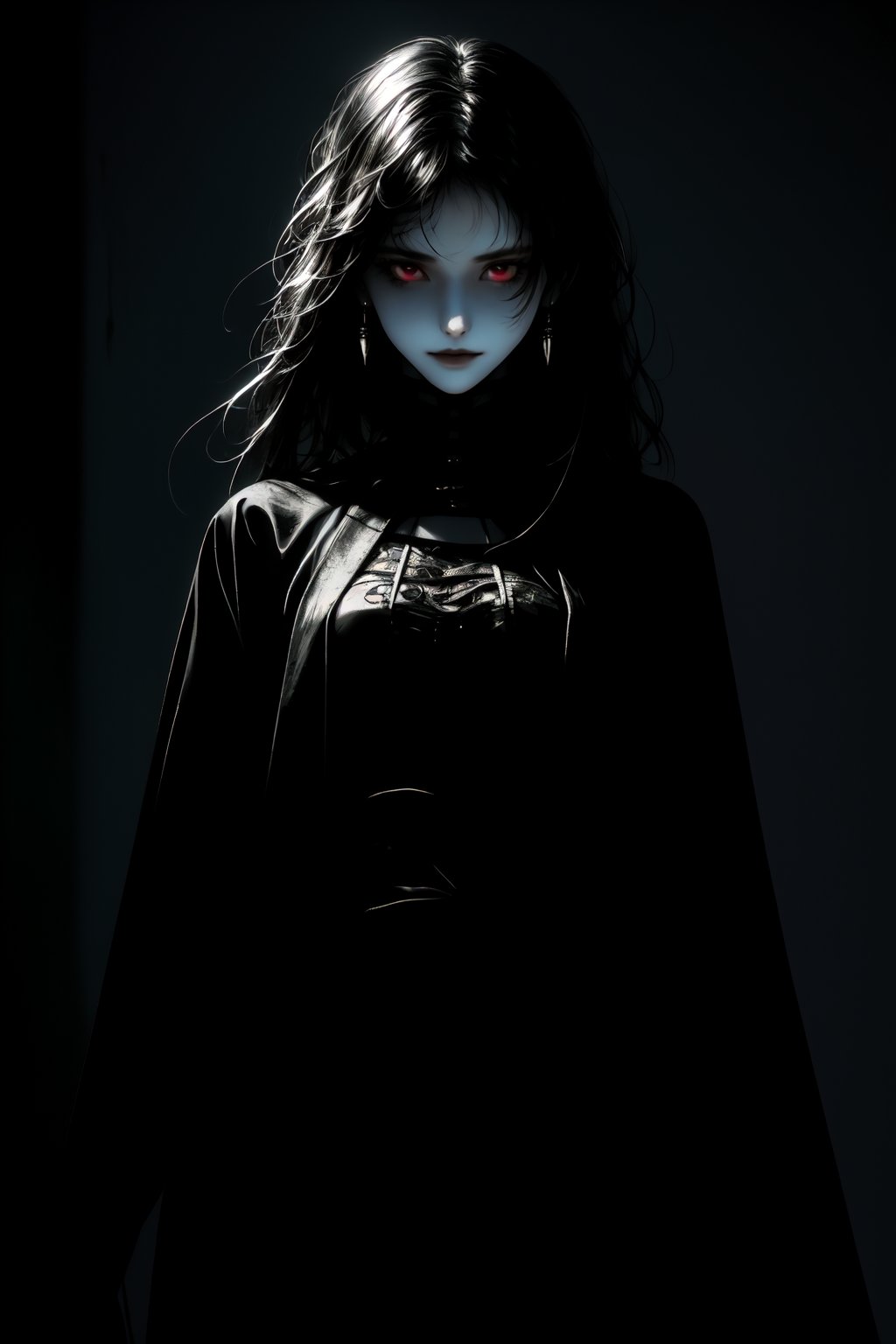 A melancholic portrait of a beautiful woman, clad in all-encompassing black attire, stands stoic amidst a somber, mysterious backdrop. Shadows dance across her pale complexion as she smiles menacingly at the viewer, the foreboding lighting accentuating the severity of her expression. The atmosphere is heavy with foreboding, as if secrets lurk in the darkness.