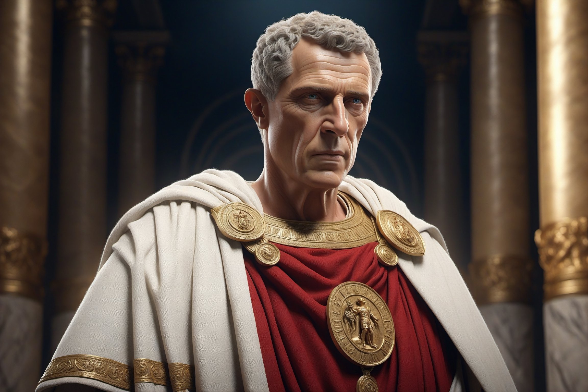 Tiberius Caesar of Roman Empire, at first century AD, 50yo, wearing royal garment, ancient kingdom flags and banners, standing in his palace, masterpiece, best quality, stunning, extremely detailed CG unified