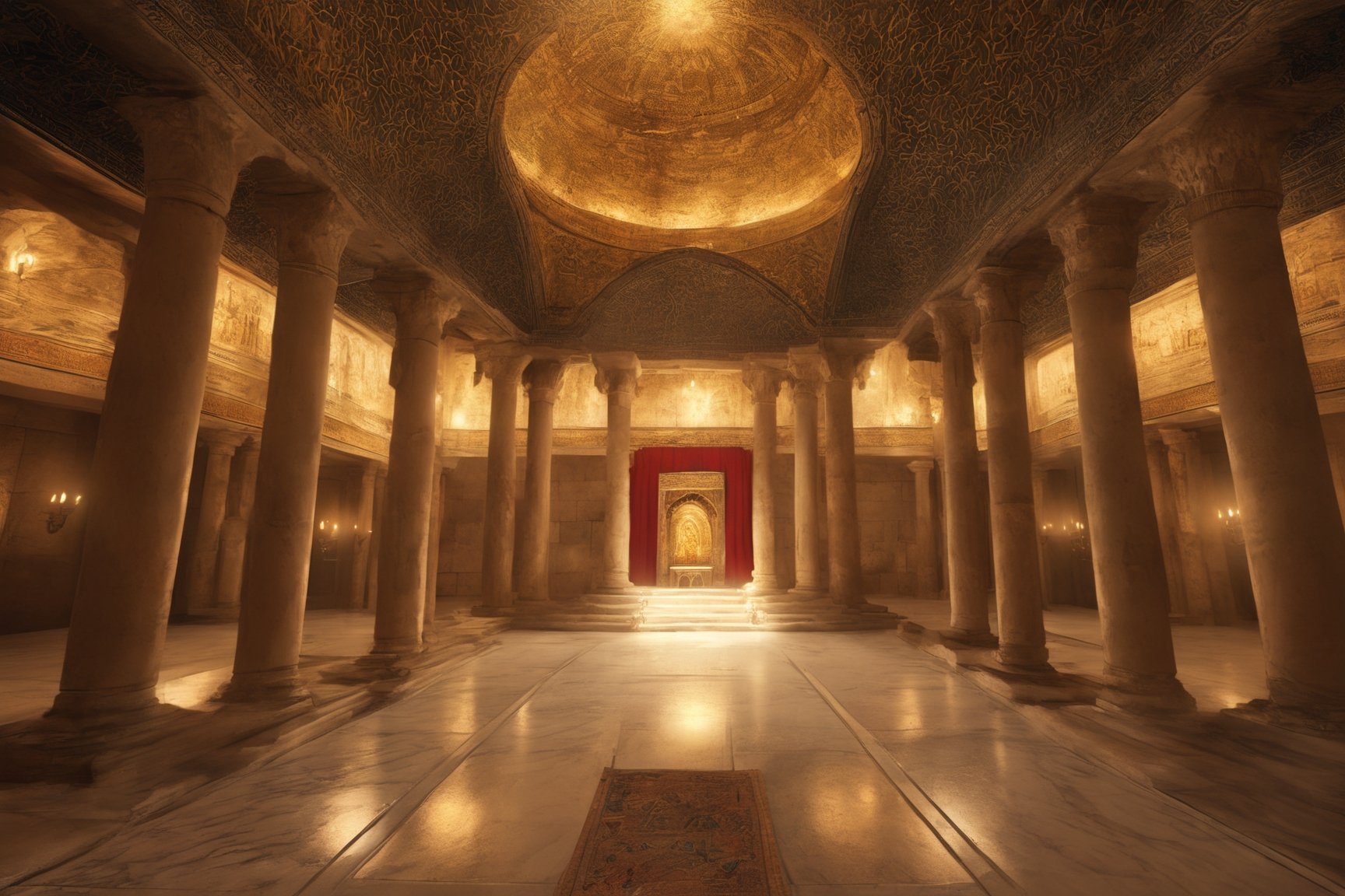 (Ancient Jerusalem temple at the first century AD), interior, spacious halls, polished marble walls and smooth floors, lamps on the lampstands, colorful ornaments, the priests with beautiful robes performing ceremony, people attending, DSLR photorealistic, detailed,  complex_background