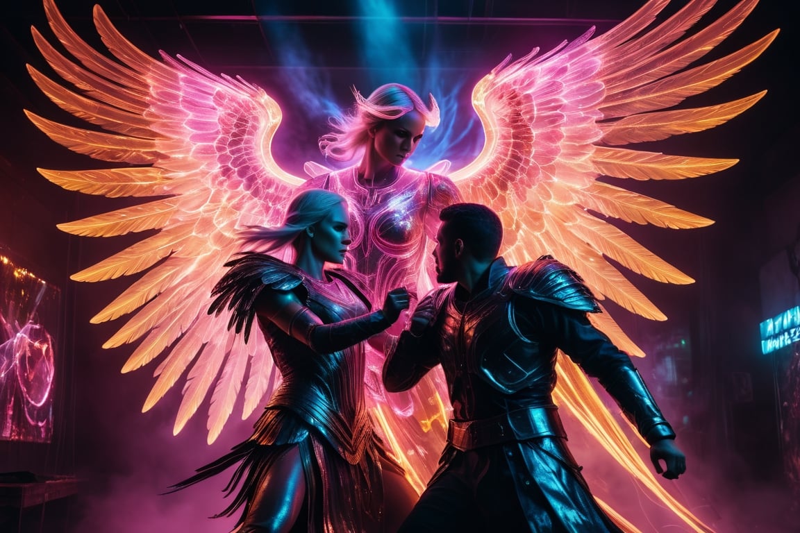 2humans fighting fiercely in front, a huge transparent ghostly rotten archangel at background,(best quality,4k,8k,highres,masterpiece:1.2),ultra-detailed,(realistic,photorealistic,photo-realistic:1.37),illustration, neon lights,light particles,colorful,dark vibes