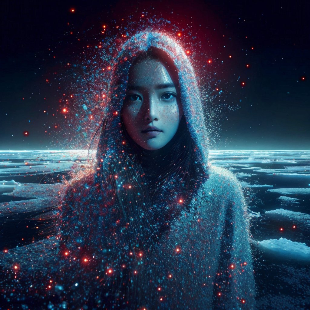 Realistic 16K resolution blue-red tone photography of 1 girl with beauty face created by colorful dotted particles with a mesmerizing digital or pixelated effect, sitting in dark on frozen lake, with shattered ice debris vortexing and floating into shade around her,
break,
1 girl, Exquisitely perfect symmetric very gorgeous face, Exquisite delicate crystal clear skin, Detailed beautiful delicate eyes, perfect slim body shape, slender and beautiful fingers, nice hands, perfect hands, illuminated by film grain, Stippling style, dramatic lighting, soft lighting, motion blur, exaggerated perspective of ((Wide-angle lens depth)),