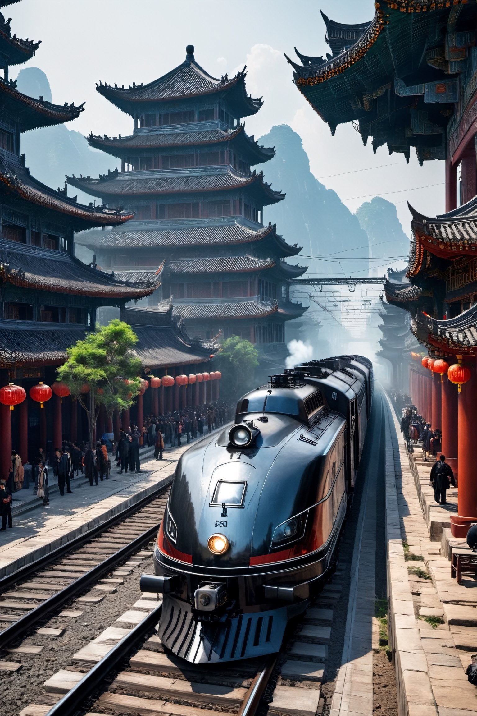 #McBane: A sci-fi train passing through an ancient Chinese city,people standing on railroad tracks, Highly realistic concept art, Steam engine, Highly detailed 4K 