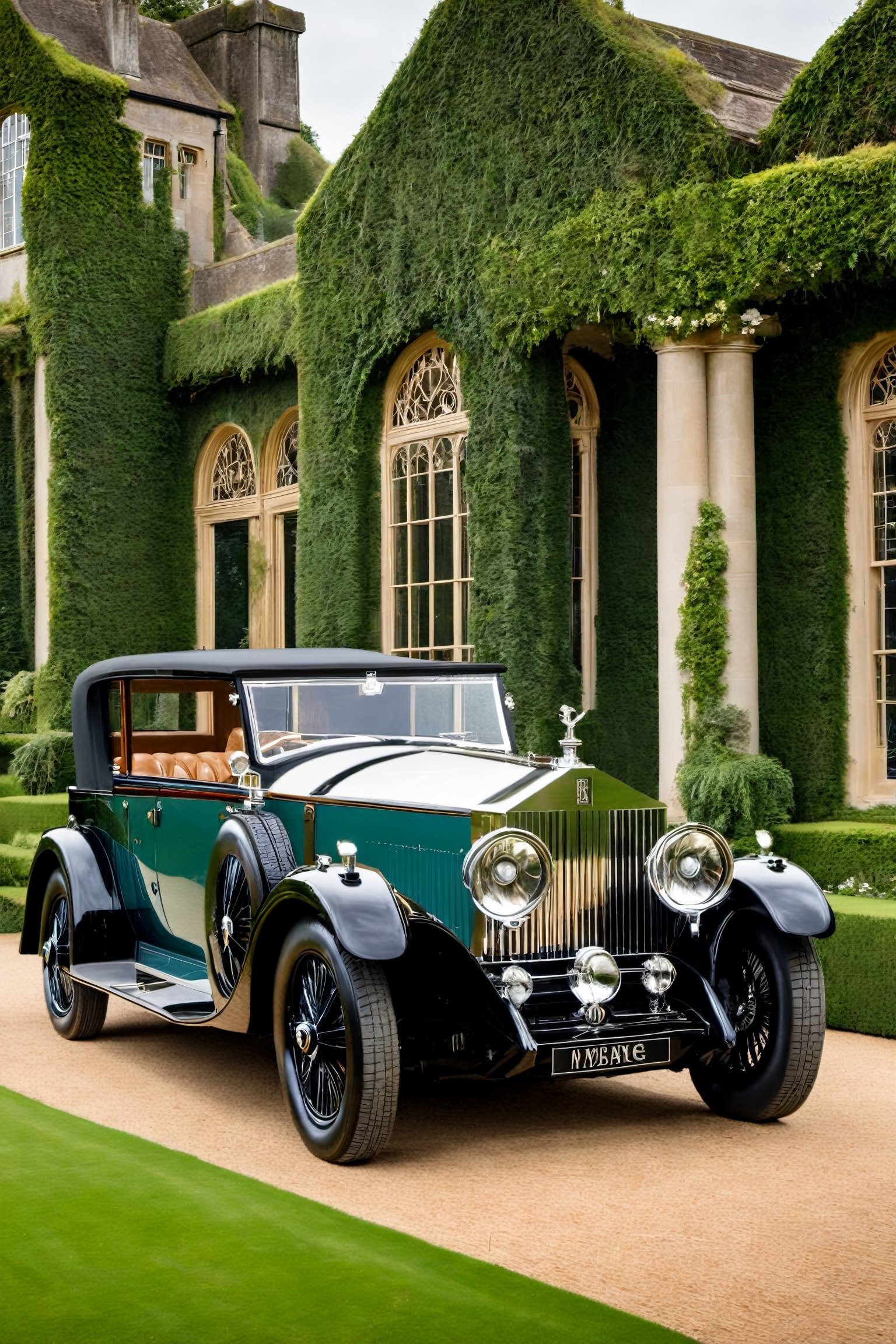 #McBane: An extravagant 1920s Rolls Royce showroom, with intricate carvings and intricate details, surrounded by the lush greenery of the English countryside