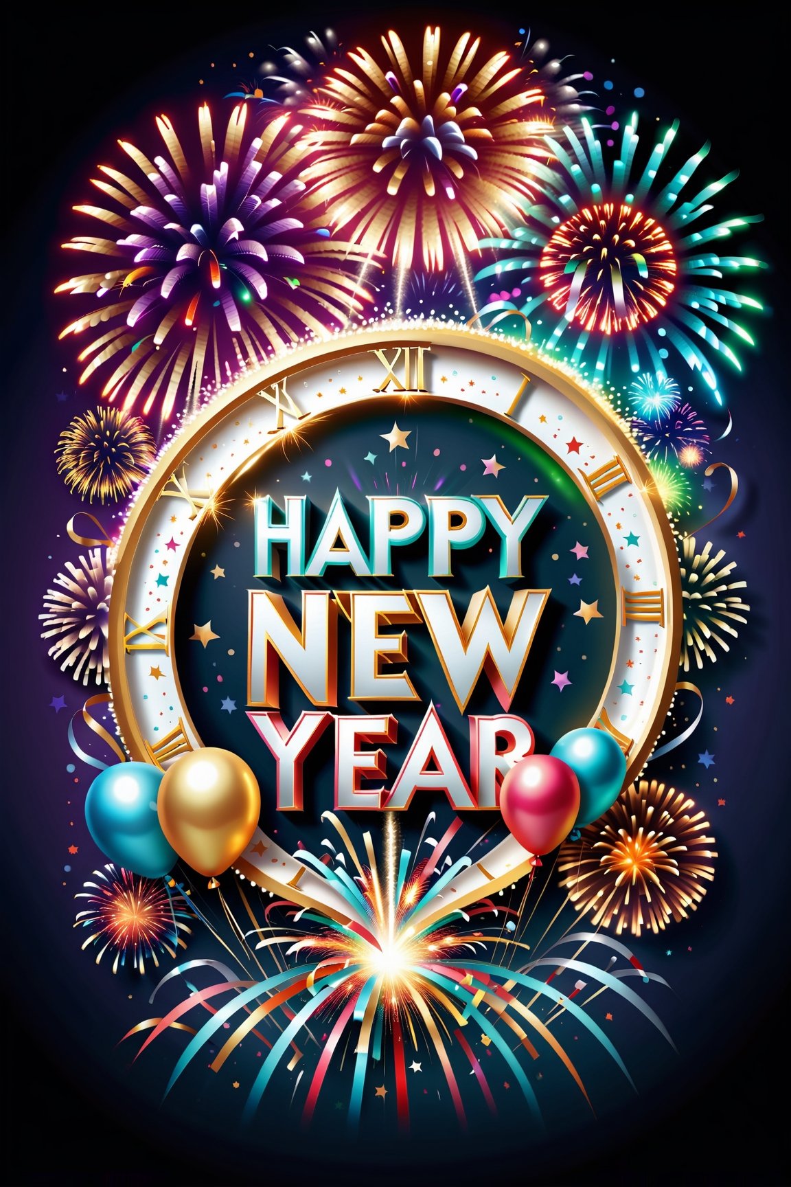 enchanting New Year text with meticulous detail, (((Write 'Happy New Year'))) in a beautiful, high-detailed font, Surround the text with a burst of beautiful, colorful fireworks