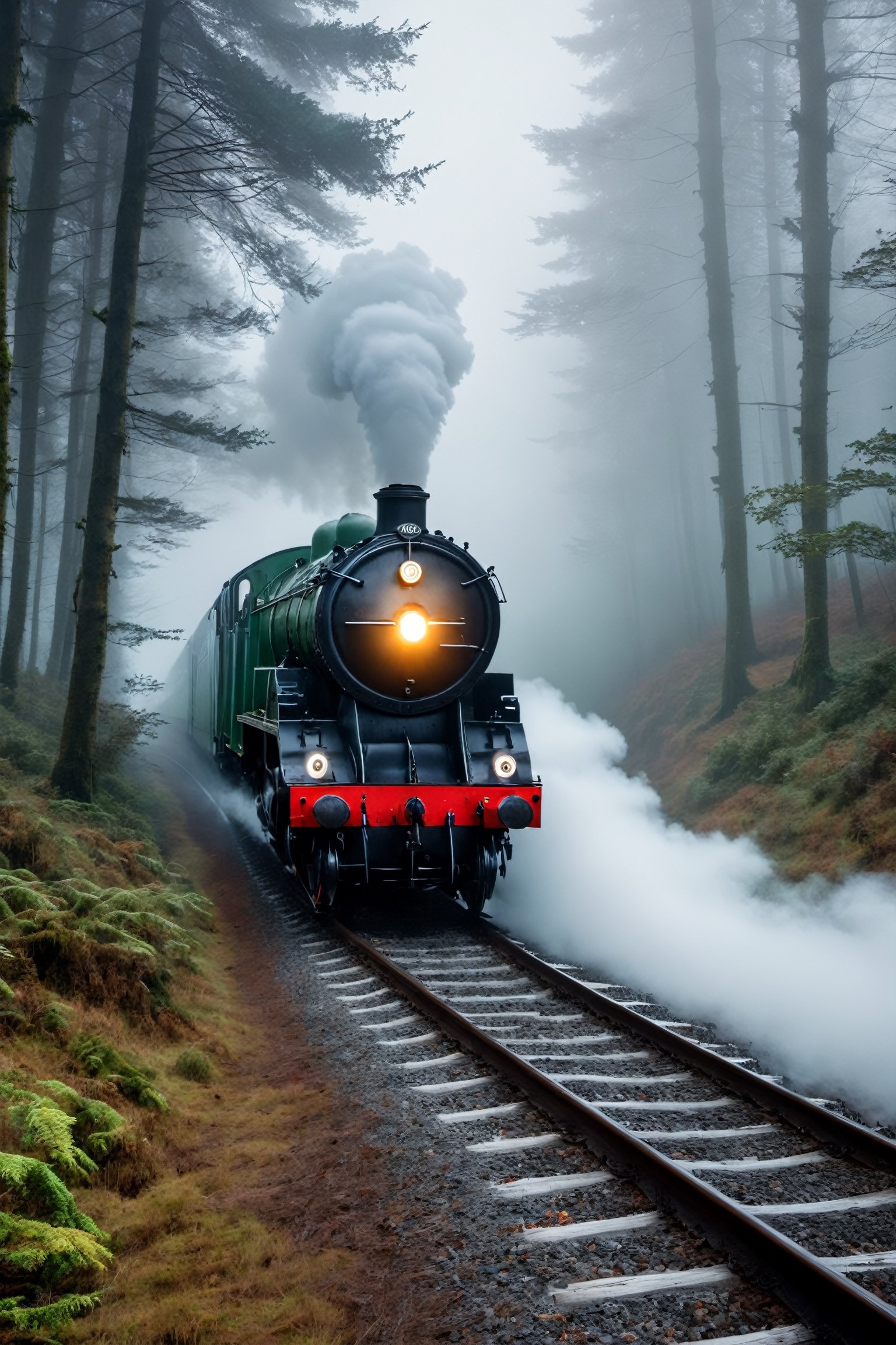 #McBane: 8k, RAW photo, best quality, masterpiece, train travelling thru a foggy and creepy forest, close up, frightening, white smoke, flying scotsman