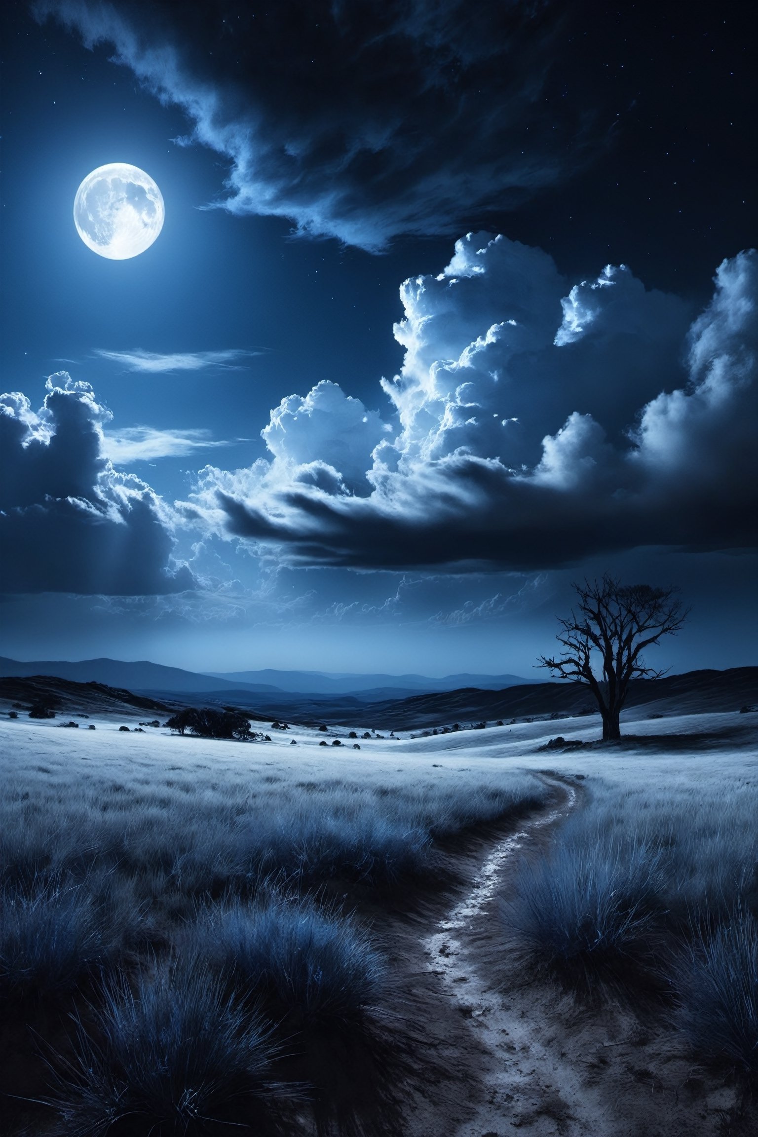 #McBane: A very strange and beautiful painting of a landscape, the sky is an eerie blue, white moonlight, light coming through the clouds in a desolate landscape, 4k, photorealistic, Cinematic lighting, atmosphere, highly detailed, matte drawing with dramatic shadows under the black night sky, high quality, digital concept artwork, 8k 