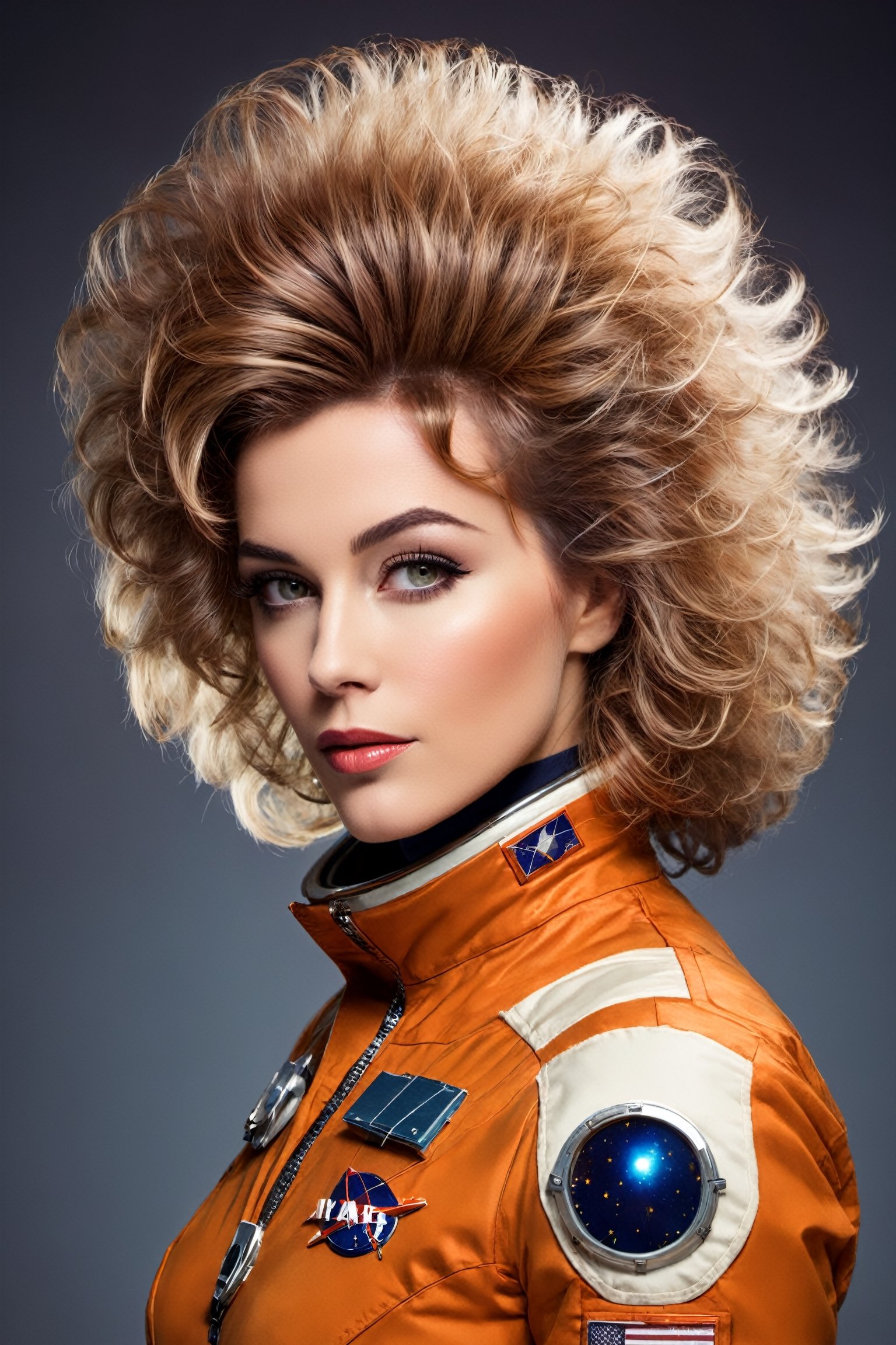 #McBane: spacewoman, big hair, shaggy hair, digital photo, detailed image, sharp focus, backlight, warm colors, serenity, 50s vibe