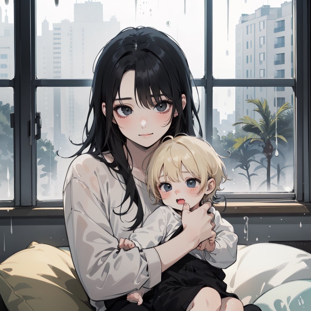 1girl (girl_long_blonde_hair)girl sitting near her window holding a baby boy,  on a rainy day, Baby boy( black_hair, light_black_eye, cute_face) happy girl