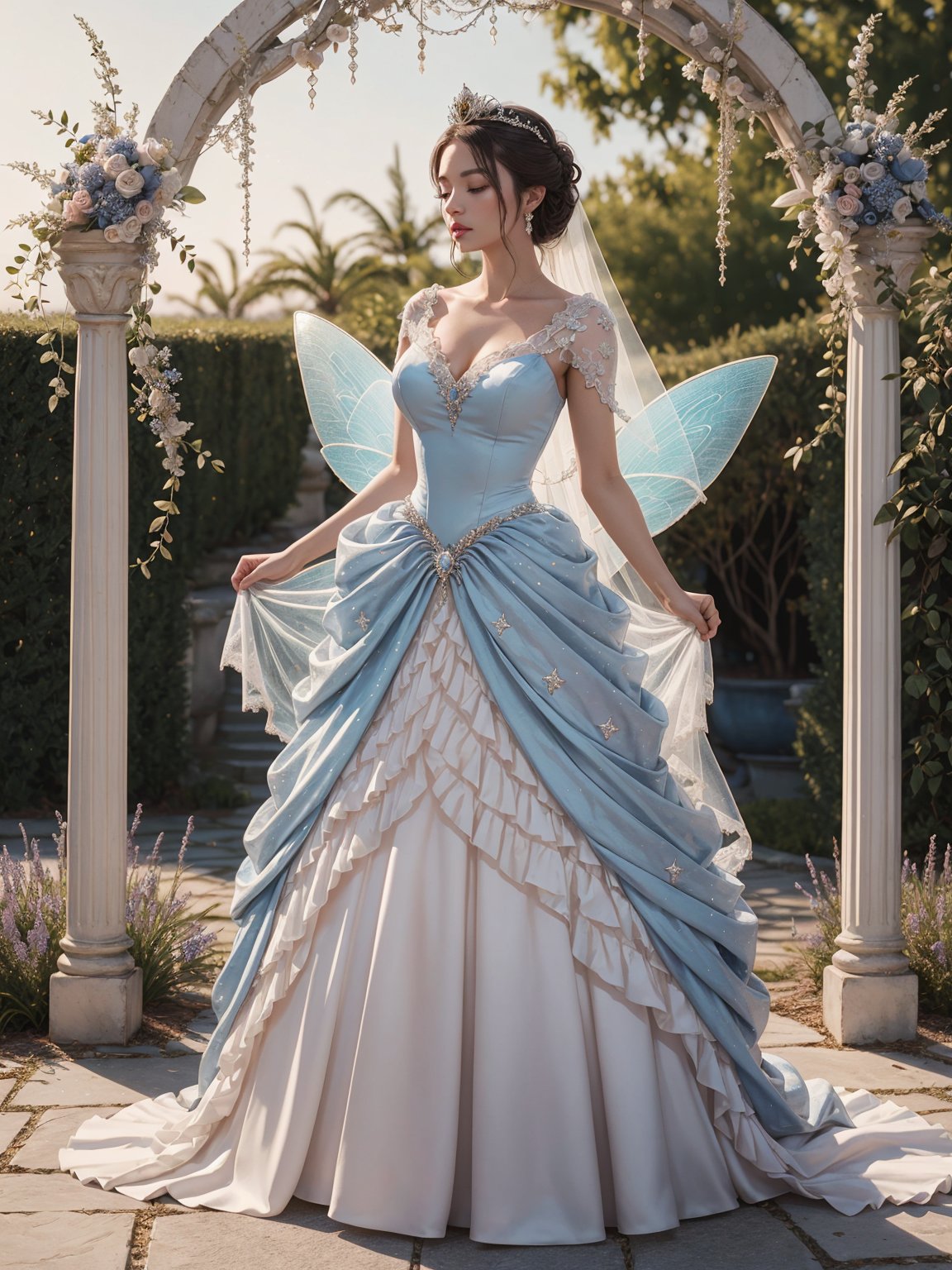 cinderella,(((Stunningly Beautiful Fairy Princesss))),full body, Story, Beautiful bride posing under a fairy tale arch of exotic magical flowers, elaborate scene style, glitter, peach pink lace, realistic style, 8k,exposure blend, medium shot, bokeh, (hdr:1.4), high contrast, (cinematic, blue and white film), (muted colors, dim colors, soothing tones:1.3), low saturation, (hyperdetailed:1.2), (noir:0.4), blue  princess dress cenderella