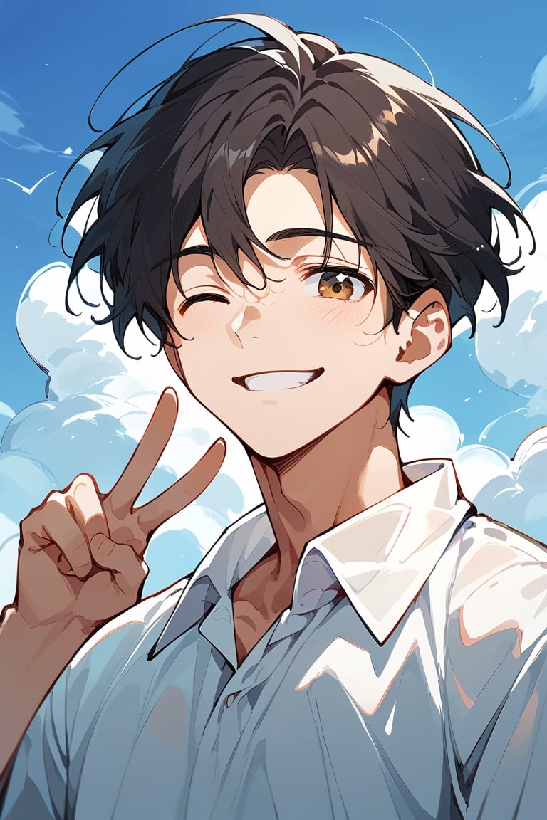 score_9,score_8_up,score_7_up, looking at viewer,smile,short hair,shirt,black hair,1boy,brown eyes,closed mouth,white shirt,upper body,male focus,outdoors,one eye closed,sky,day,collared shirt,cloud,hand up,blue sky,v,cloudy sky,lass