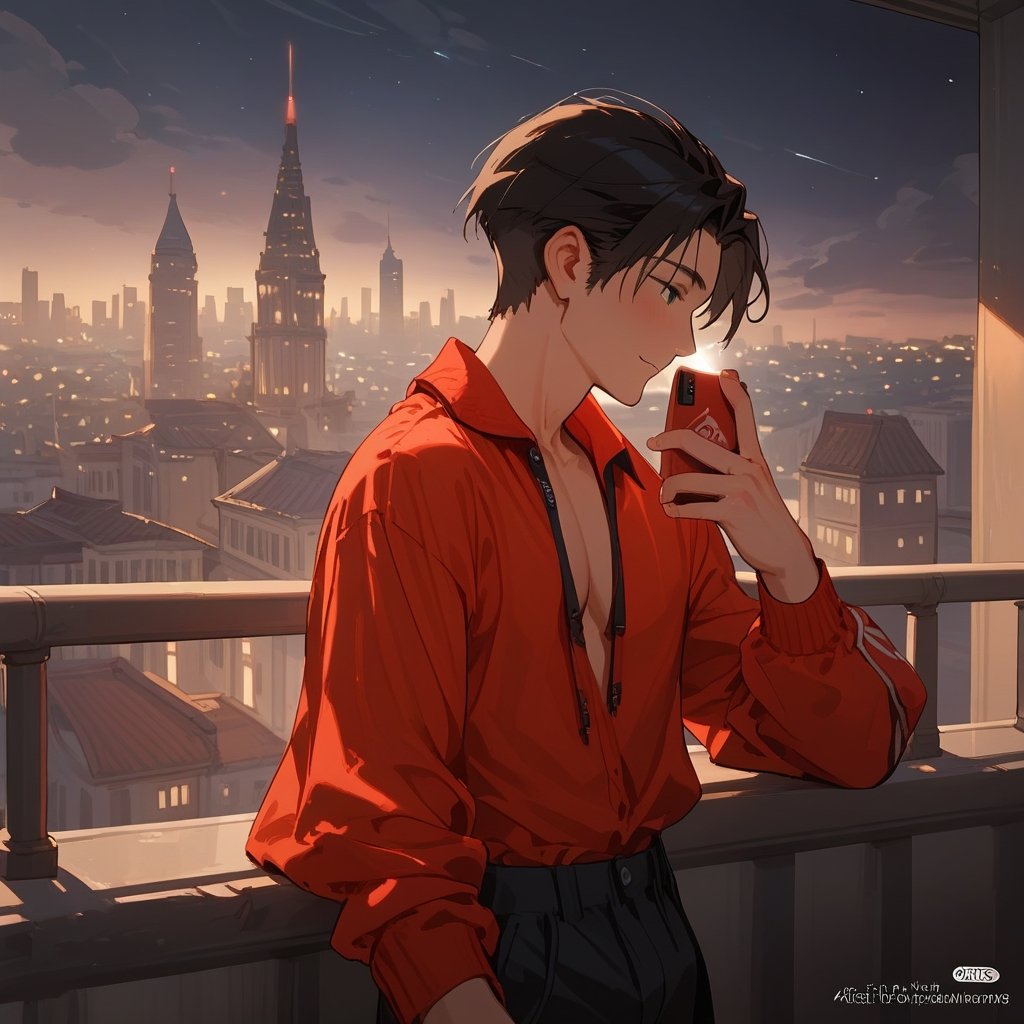 Score_9, Score_8_up, Score_7_up, Score_6_up, Score_5_up, Score_4_up,aa man black hair, sexy guy, standing on the balcony of a building,city, night,looking at the front building, wearing a red shirt, sexy pose,leaning on the railing,holding a cell phone in his hand and looking at the cell phone,
ciel_phantomhive,jaeggernawt,Indoor,frames,high rise apartment,outdoor