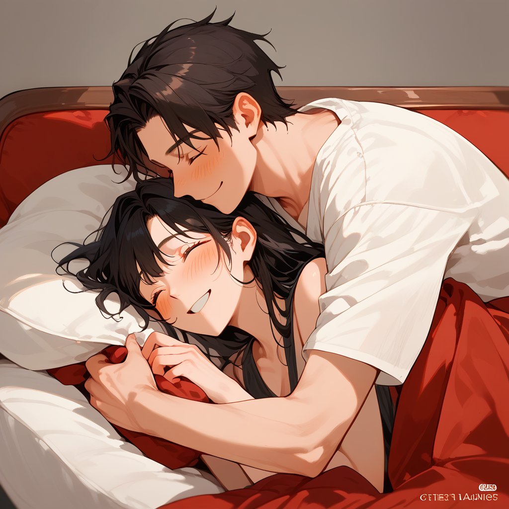 Score_9, Score_8_up, Score_7_up, Score_6_up, Score_5_up, Score_4_up,

1girl red long hair, 1boy black hair, boy and girl lying on the couch, boy hugs the girl from behind, covered with a brown blanket, eyes closed, smiling, lifting his shirt, blushing, sexy blushing,ciel_phantomhive,jaeggernawt
