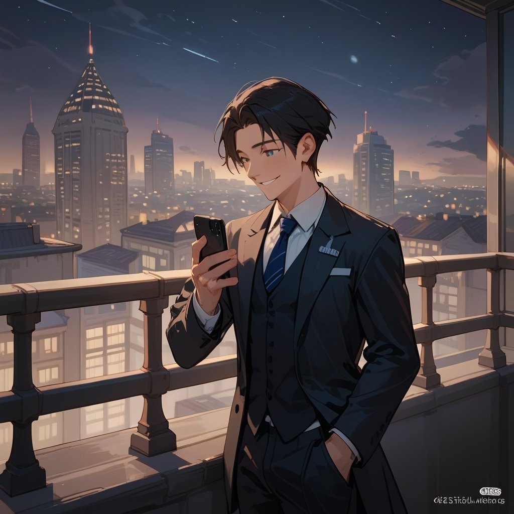 Score_9, Score_8_up, Score_7_up, Score_6_up, Score_5_up, Score_4_up,aa man black hair, sexy guy, standing on the balcony of a building,city, night,looking at the front building, wearing a suit, sexy pose,leaning on the railing,holding a cell phone in his hand and looking at the cell phone, smiling, with loosened tie,
ciel_phantomhive,jaeggernawt,Indoor,frames,high rise apartment,outdoor