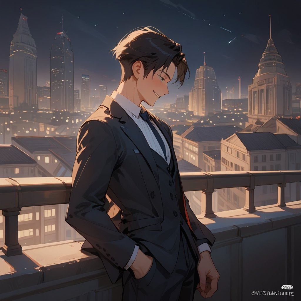 Score_9, Score_8_up, Score_7_up, Score_6_up, Score_5_up, Score_4_up,aa man black hair, sexy guy, standing on the balcony of a building,city, night,looking at the front building, wearing a suit, sexy pose,leaning on the railing,holding a cell phone in his hand and looking at the cell phone, smiling,ciel_phantomhive,jaeggernawt,Indoor,frames,high rise apartment,outdoor