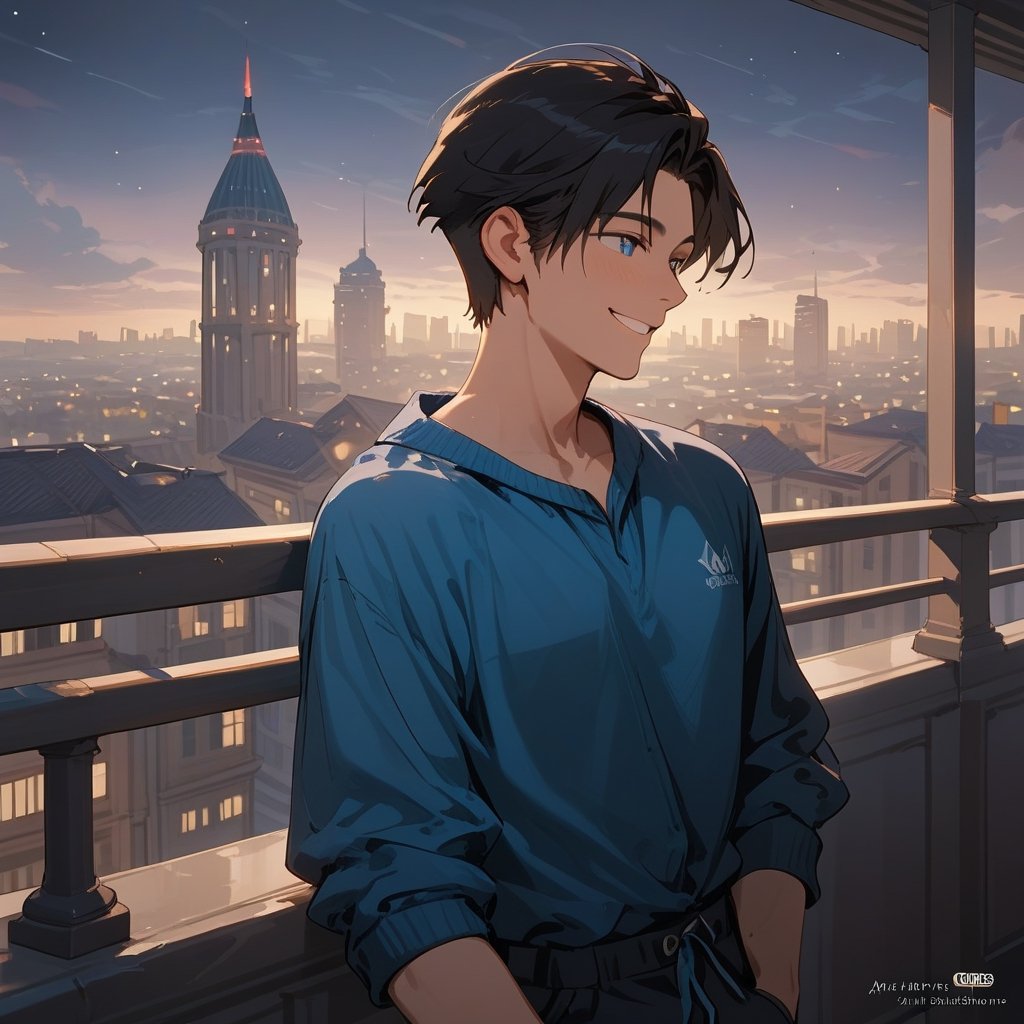 Score_9, Score_8_up, Score_7_up, Score_6_up, Score_5_up, Score_4_up,aa man black hair, sexy guy, standing on the balcony of a building,city, night,looking at the front building, wearing a blue shirt, sexy pose,leaning on the railing,holding a cell phone in his hand and looking at the cell phone, smiling,
ciel_phantomhive,jaeggernawt,Indoor,frames,high rise apartment,outdoor
