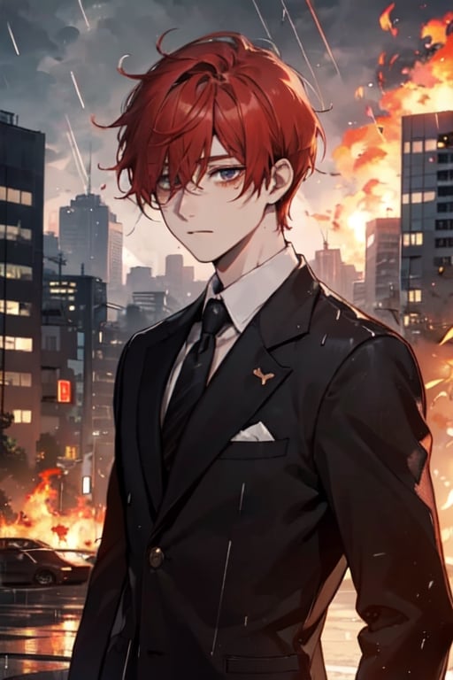 One boy(adult), red hair, eyes (one brown, one red), scar under one eye, short hair, open black blazer, shirt,background (flames, city, rain)
