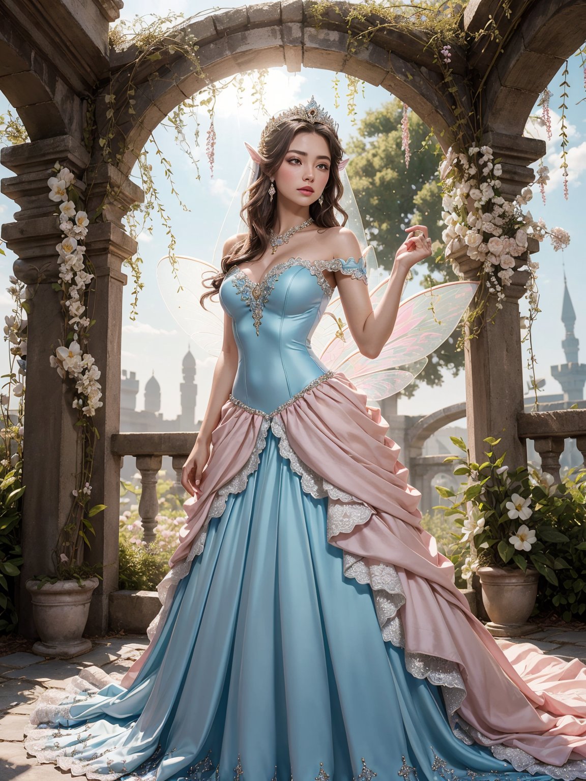 (((Stunningly Beautiful Fairy Princesss))),full body, Story, Beautiful bride posing under a fairy tale arch of exotic magical flowers, elaborate scene style, glitter, peach pink lace, realistic style, 8k,exposure blend, medium shot, bokeh, (hdr:1.4), high contrast, (cinematic, blue, sky blue and white film), (muted colors, dim colors, soothing tones:1.3), low saturation, (hyperdetailed:1.2), (noir:0.4),  blue princess dress jasmine of arabia