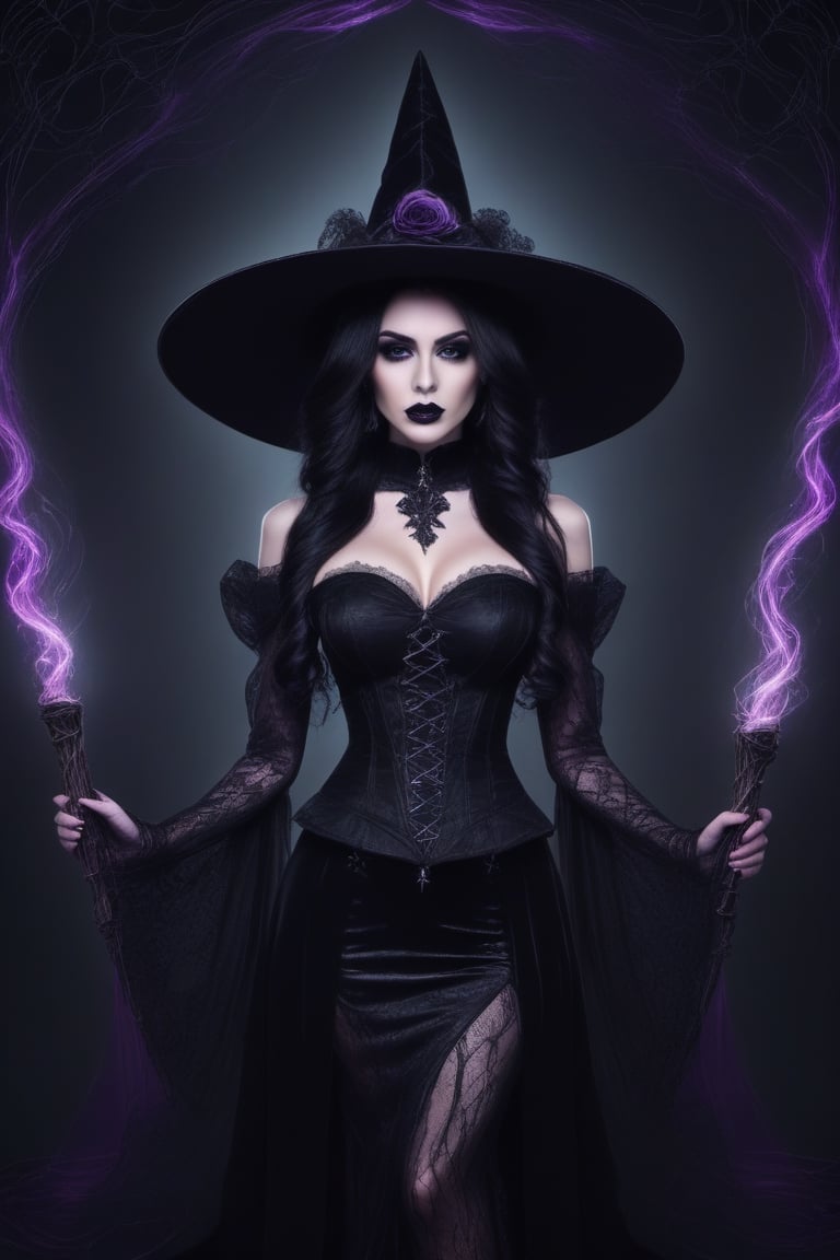 Gothic style, breathtaking, raw photo of the most beautiful and sexy witch in the universe, Halloween, dark, mysterious, haunting, dramatic, ornate, award-winning, professional, highly detailed
