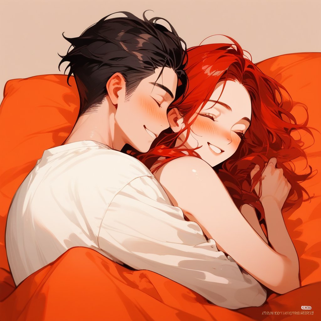 Score_9, Score_8_up, Score_7_up, Score_6_up, Score_5_up, Score_4_up,

Red hair,1girl, girl_red_long_hair, 1boy black hair, a very handsome man, boy and girl lying on the orange couch, boy hugs the girl from behind, covered with a brown blanket, eyes closed, smiling, lifting his shirt, blushing, sexy, blushing, ciel_phantomhive,jaeggernawt
