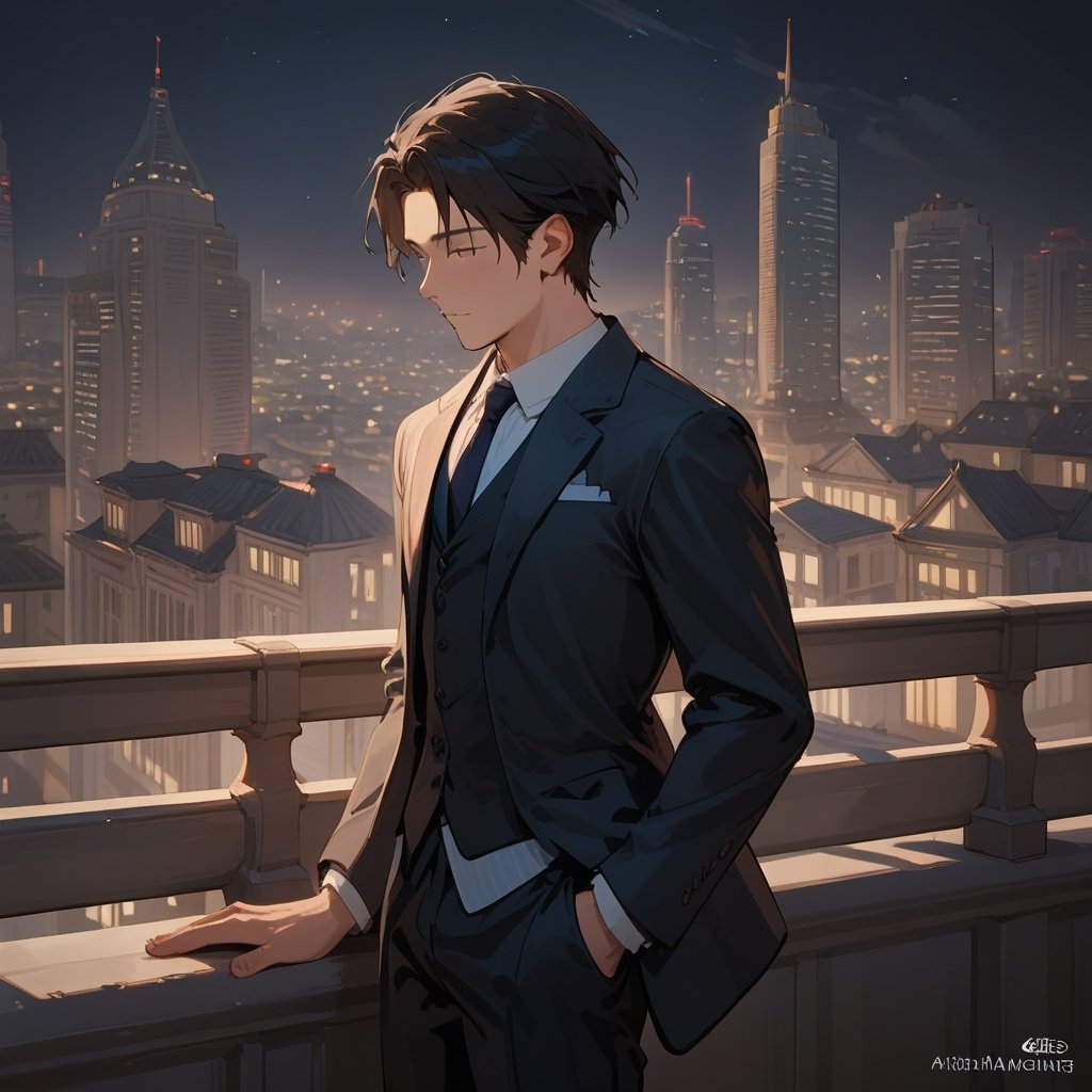 Score_9, Score_8_up, Score_7_up, Score_6_up, Score_5_up, Score_4_up,aa man black hair, sexy guy, standing on the balcony of a building,city, night,looking at the front building, wearing a suit, sexy pose,leaning on the railing,ciel_phantomhive,jaeggernawt,Indoor,frames,high rise apartment,outdoor