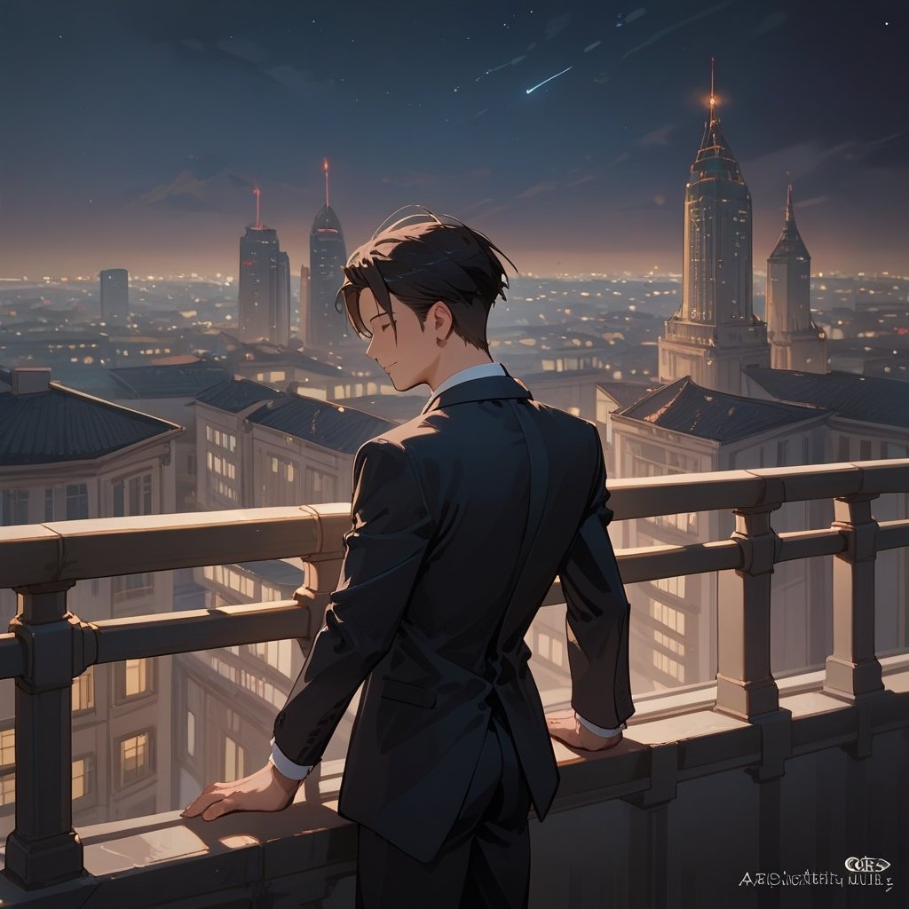 Score_9, Score_8_up, Score_7_up, Score_6_up, Score_5_up, Score_4_up,aa man black hair, sexy guy, standing on the balcony of a building,city, night,looking at the front building, wearing a suit, sexy pose,leaning on the railing,ciel_phantomhive,jaeggernawt,Indoor,frames,high rise apartment,outdoor