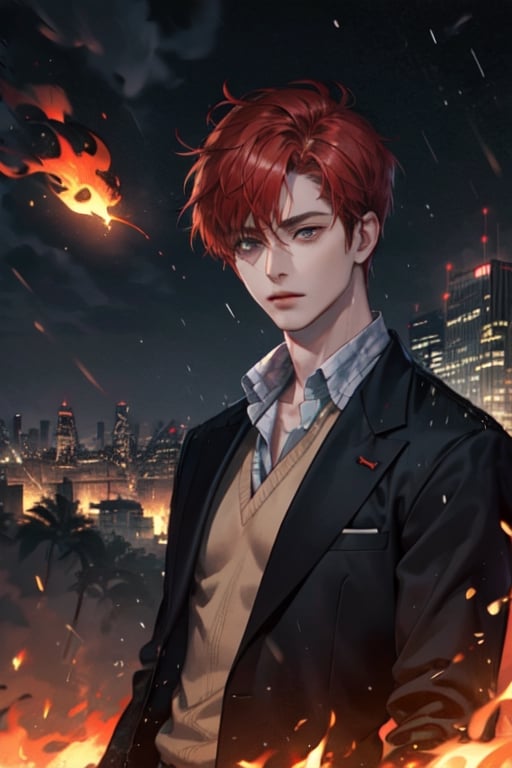 One boy(adult), red hair, eyes (one brown, one red), scar under one eye, short hair, open black blazer, shirt,background (flames, city, rain)