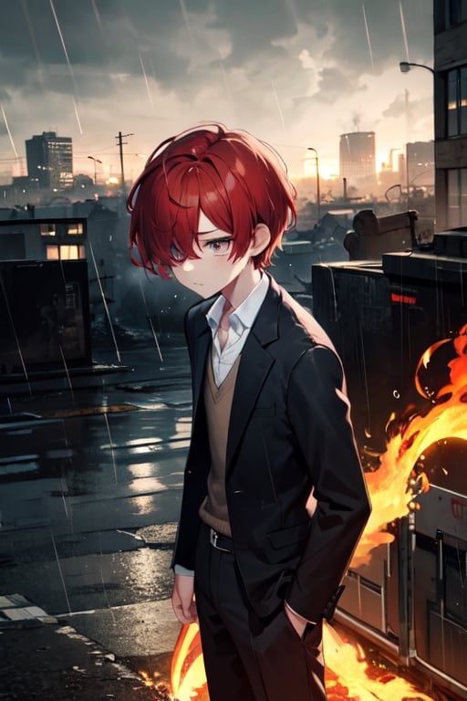 One boy(adult), red hair, eyes (one brown, one red), scar under one eye, short hair, open black blazer, shirt,background (flames, city, rain)