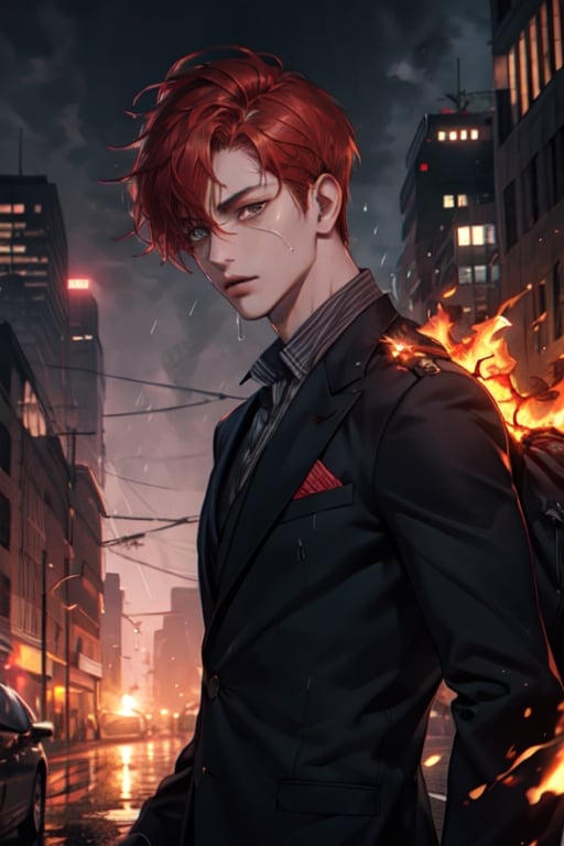 One boy(adult), red hair, eyes (one brown, one red), scar under one eye, short hair, open black blazer, shirt,background (flames, city, rain)