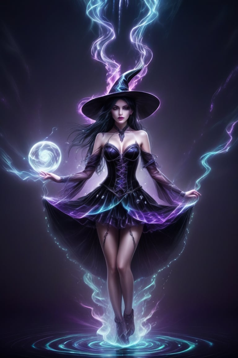 Gothic style, breathtaking, raw photo of the most beautiful and sexy witch in the universe, Halloween, dark, mysterious, haunting, dramatic, ornate, award-winning, professional, highly detailed,DonMn1ghtm4reXL,A girl dancing ,DonMF41ryW1ng5XL,ice and water,fire element