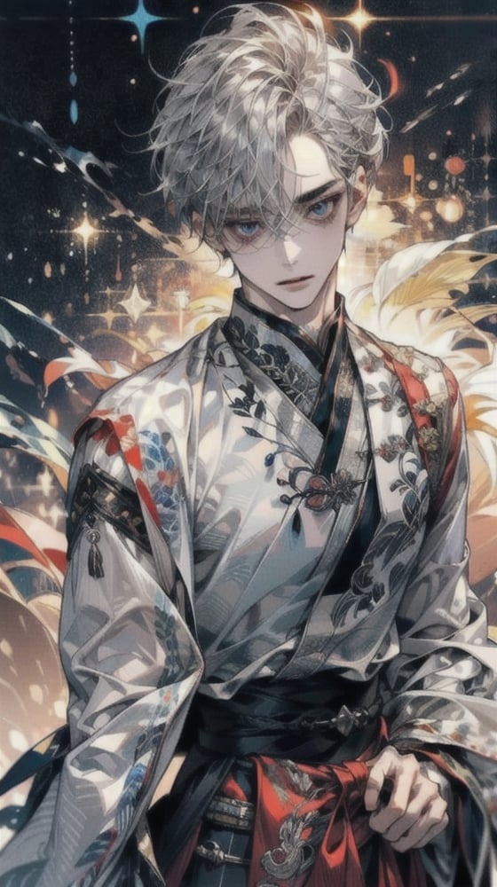 (extreamly delicate and beautiful:1.2), 8K, (tmasterpiece, best:1.0), , (LONG_silver_HAIR_MALE:1.5), Upper body body, a long_haired male, cool and seductive, evil_gaze, (wears white hanfu:1.2), and intricate detailing, and intricate detailing, finely eye and detailed face, Perfect eyes, Equal eyes, Fantastic lights and shadows、white room background、 Uses backlight and rim light