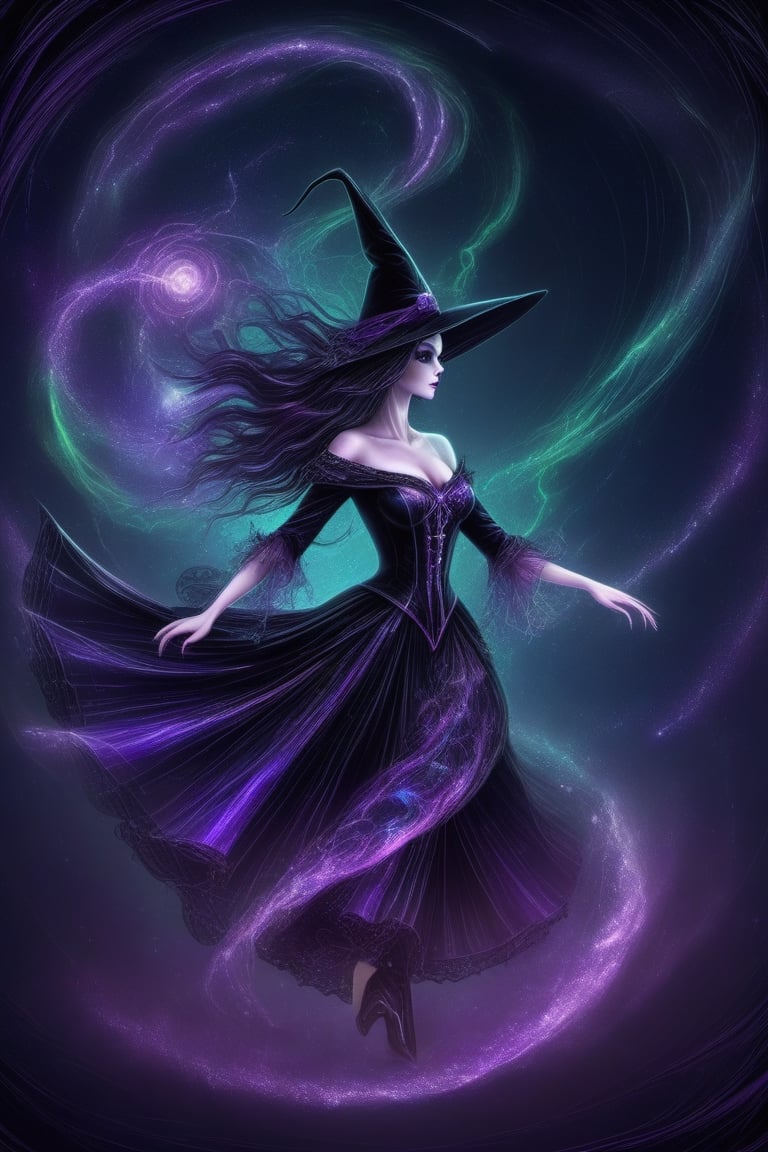 Gothic style, breathtaking, raw photo of the most beautiful and sexy witch in the universe, Halloween, dark, mysterious, haunting, dramatic, ornate, award-winning, professional, highly detailed,DonMn1ghtm4reXL,A girl dancing ,DonMF41ryW1ng5XL
