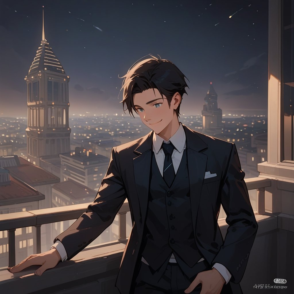 Score_9, Score_8_up, Score_7_up, Score_6_up, Score_5_up, Score_4_up,aa man black hair, sexy guy, standing on the balcony of a building,city, night,looking at the front building, wearing a suit, sexy pose,leaning on the railing,holding a cell phone in his hand and looking at the cell phone, smiling,loosening his tie with the other hand
ciel_phantomhive,jaeggernawt,Indoor,frames,high rise apartment,outdoor
