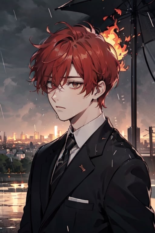 One boy(adult), red hair, eyes (one brown, one red), scar under one eye, short hair, open black blazer, shirt,background (flames, city, rain)