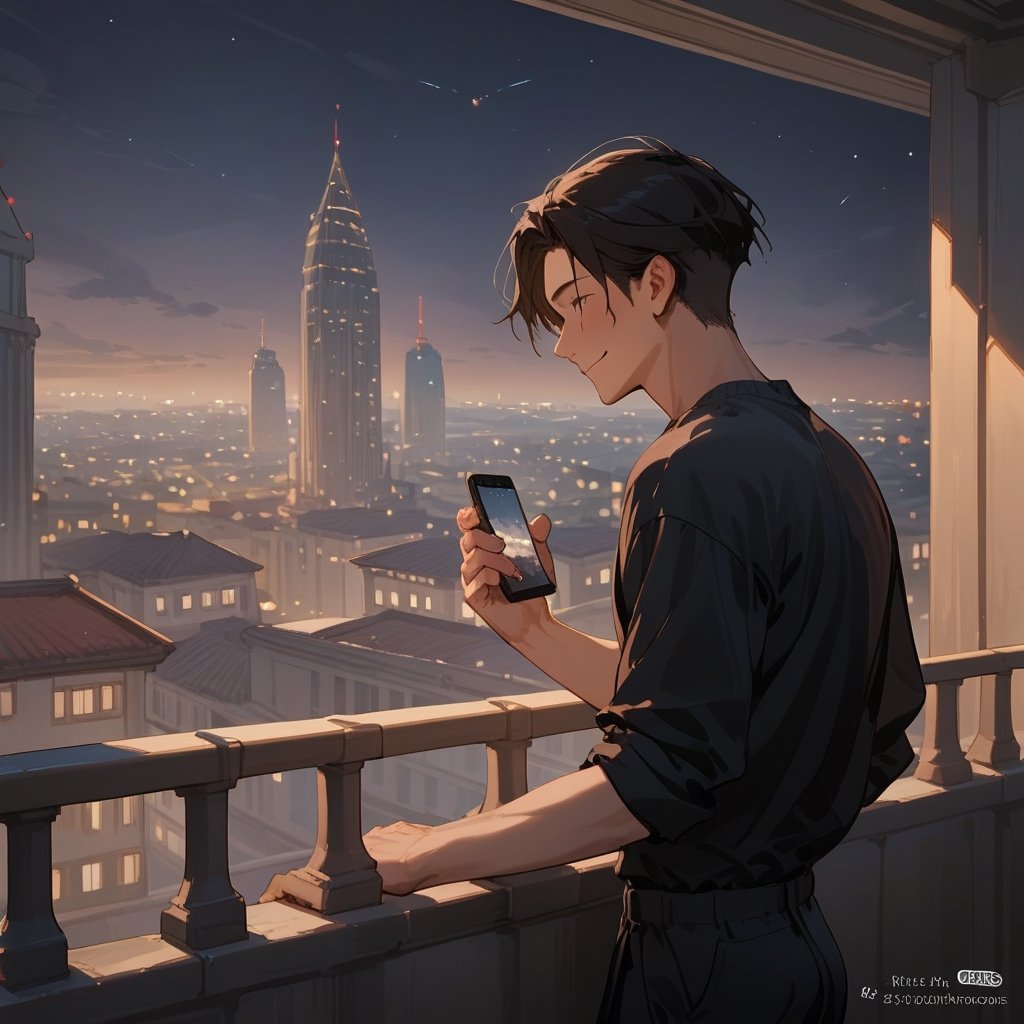 Score_9, Score_8_up, Score_7_up, Score_6_up, Score_5_up, Score_4_up,aa man black hair, sexy guy, standing on the balcony of a building,city, night,looking at the front building, wearing a shirt, sexy pose,leaning on the railing,holding a cell phone in his hand and looking at the cell phone, smiling,
ciel_phantomhive,jaeggernawt,Indoor,frames,high rise apartment,outdoor