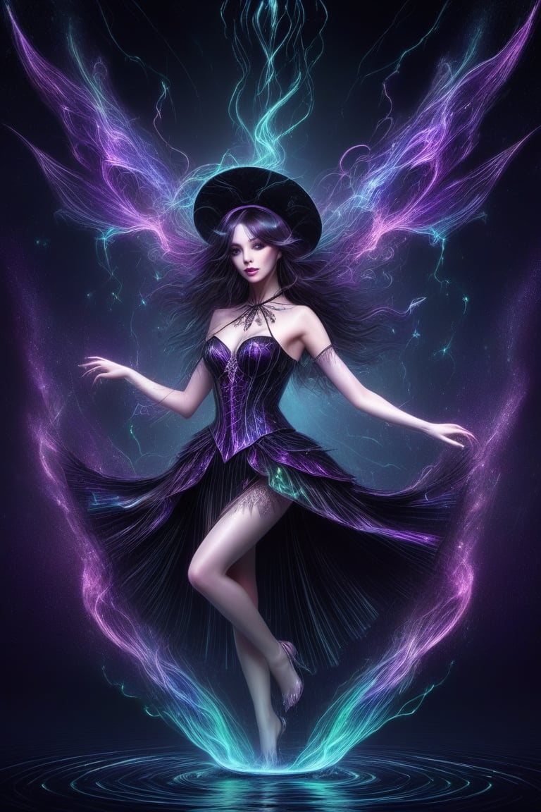 Gothic style, breathtaking, raw photo of the most beautiful and sexy witch in the universe, Halloween, dark, mysterious, haunting, dramatic, ornate, award-winning, professional, highly detailed,DonMn1ghtm4reXL,A girl dancing ,DonMF41ryW1ng5XL,ice and water