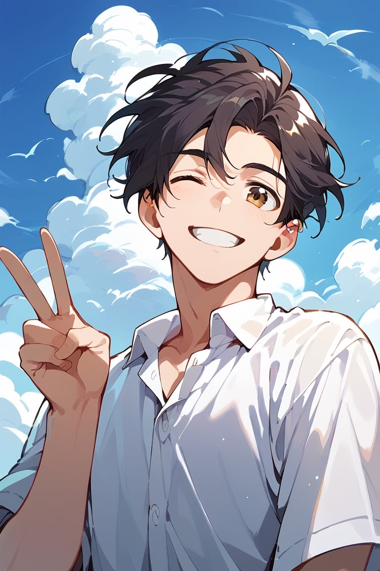 score_9,score_8_up,score_7_up, looking at viewer,smile,short hair,shirt,black hair,1boy,brown eyes,closed mouth,white shirt,upper body,male focus,outdoors,one eye closed,sky,day,collared shirt,cloud,hand up,blue sky,v,cloudy sky,lass