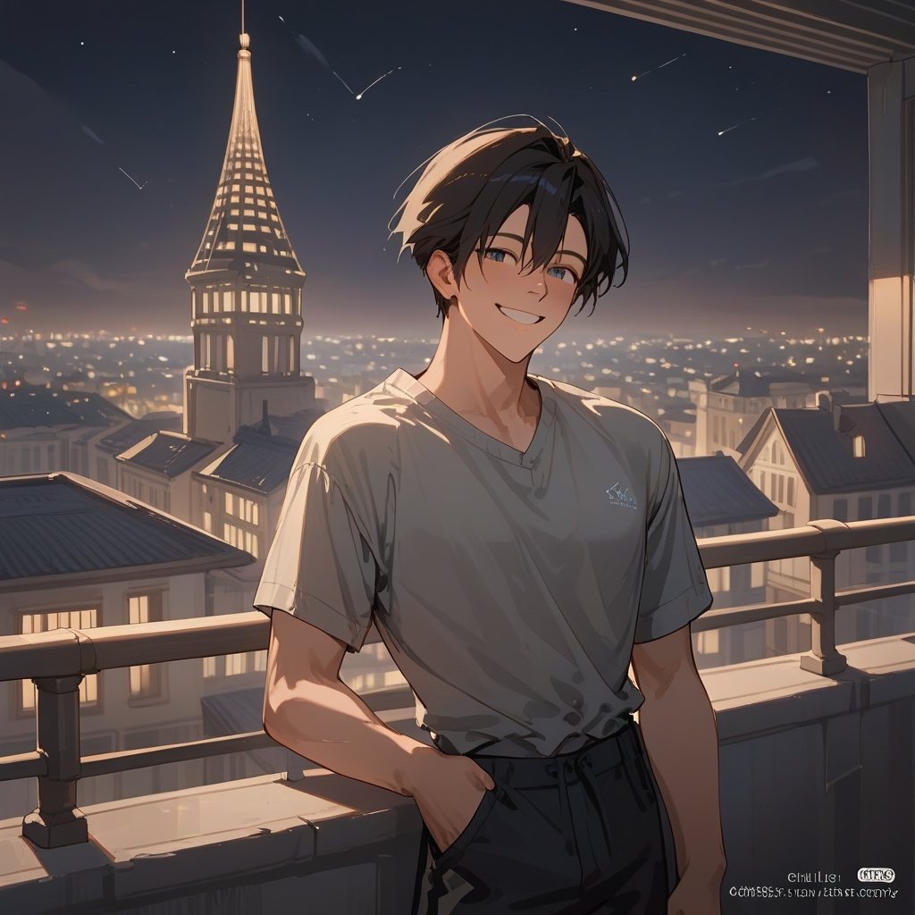 Score_9, Score_8_up, Score_7_up, Score_6_up, Score_5_up, Score_4_up,aa man black hair, sexy guy, standing on the balcony of a building,city, night,looking at the front building, wearing a grey shirt, sexy pose,leaning on the railing,holding a cell phone in his hand and looking at the cell phone, smiling,
ciel_phantomhive,jaeggernawt,Indoor,frames,high rise apartment,outdoor