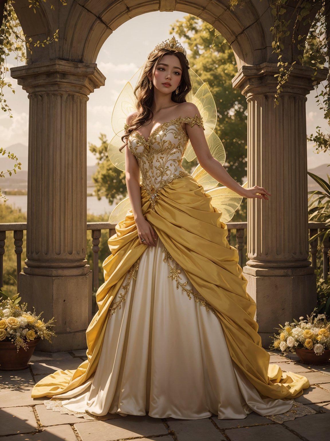 (((Stunningly Beautiful Fairy Princesss))),full body, Story, Beautiful bride posing under a fairy tale arch of exotic magical flowers, elaborate scene style, glitter, peach yellow lace, realistic style, 8k,exposure blend, medium shot, bokeh, (hdr:1.4), high contrast, (cinematic, yellow, golden and white film), (muted colors, dim colors, soothing tones:1.3), low saturation, (hyperdetailed:1.2), (noir:0.4),  yellow princess dress belle