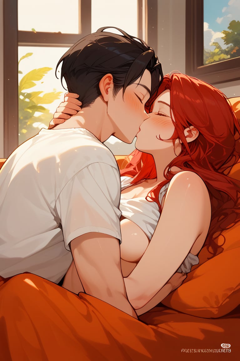 Score_9, Score_8_up, Score_7_up, Score_6_up, Score_5_up, Score_4_up,

Red hair,1girl, girl_red_long_hair, 1boy black hair, a very handsome man, boy and girl lying on the orange couch, boy hugs the girl from the front ,covered with a brown blanket, eyes closed, kissing, lifting his shirt, blushing, sexy, blushing, crepusculo_sky(picture window) sunciel_phantomhive,jaeggernawt,kiss