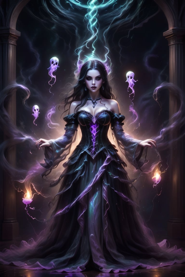 Gothic style, breathtaking, raw photo of the most beautiful and sexy witch in the universe, Halloween, dark, mysterious, haunting, dramatic, ornate, award-winning, professional, highly detailed,DonMn1ghtm4reXL,A girl dancing ,DonMF41ryW1ng5XL,ice and water,fire element