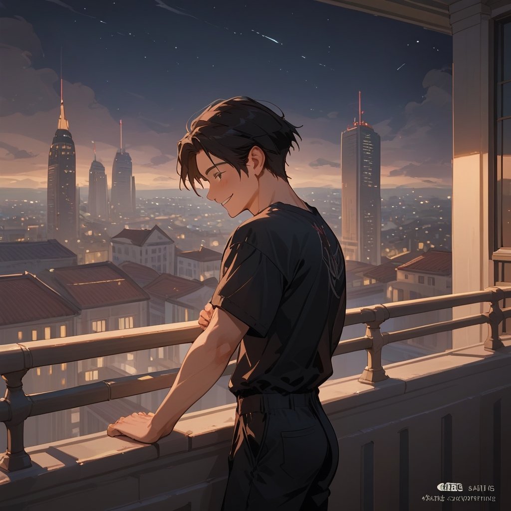 Score_9, Score_8_up, Score_7_up, Score_6_up, Score_5_up, Score_4_up,aa man black hair, sexy guy, standing on the balcony of a building,city, night,looking at the front building, wearing a shirt, sexy pose,leaning on the railing,holding a cell phone in his hand and looking at the cell phone, smiling,
ciel_phantomhive,jaeggernawt,Indoor,frames,high rise apartment,outdoor