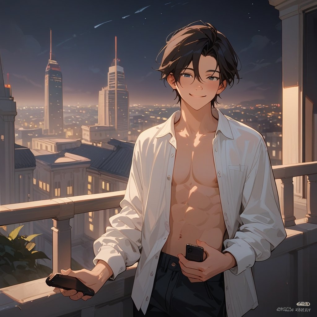 Score_9, Score_8_up, Score_7_up, Score_6_up, Score_5_up, Score_4_up,aa man black hair, sexy guy, standing on the balcony of a building,city, night,looking at the front building, wearing a unbuttoned shirt, sexy pose,leaning on the railing,holding a cell phone in his hand and looking at the cell phone, smiling, disheveled clothes,
ciel_phantomhive,jaeggernawt,Indoor,frames,high rise apartment,outdoor