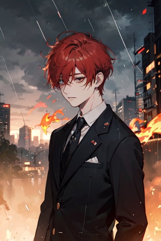 One boy(adult), red hair, eyes (one brown, one red), scar under one eye, short hair, open black blazer, shirt,background (flames, city, rain)