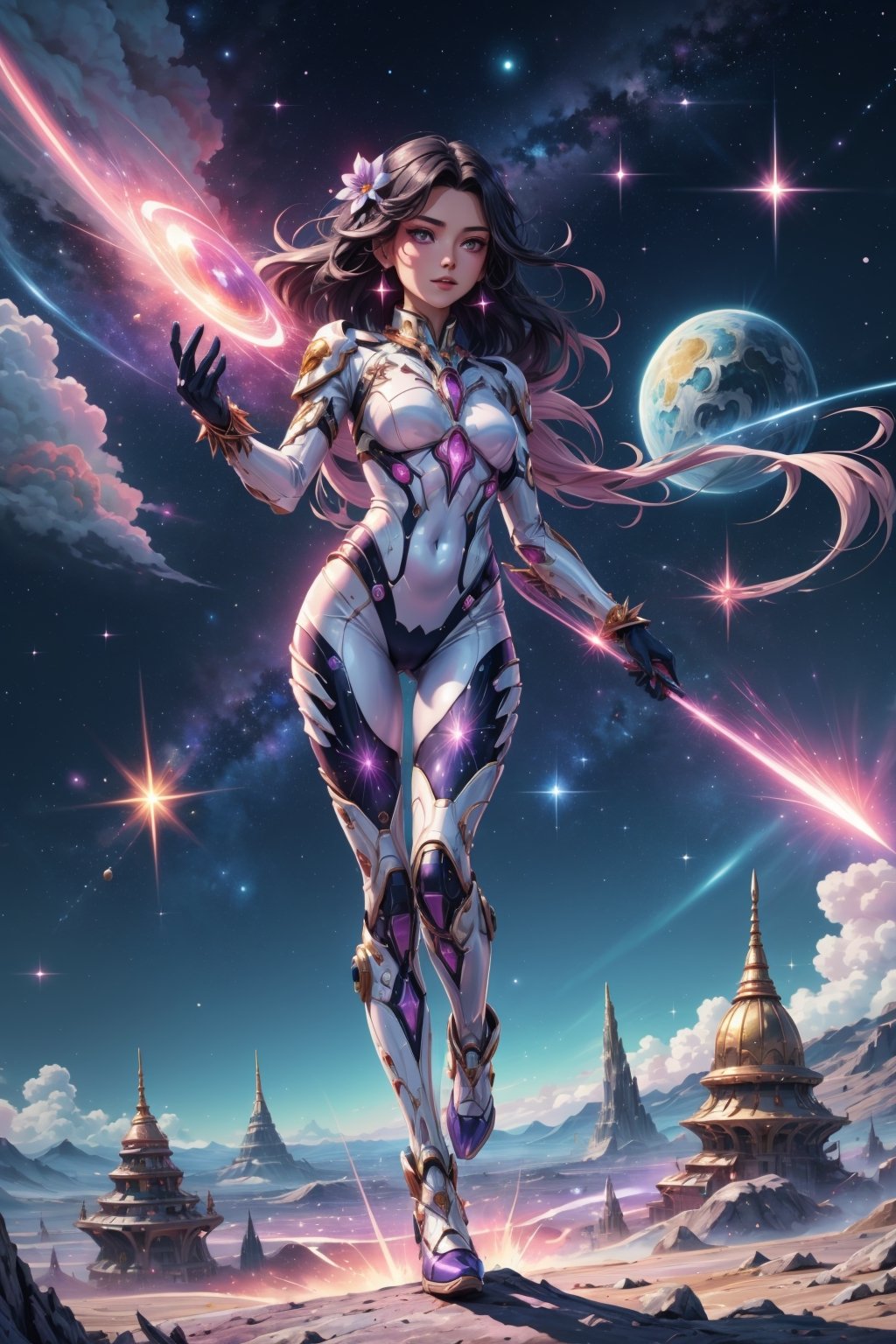 (masterpiece, best quality, ultra-detailed, 8K),

Amidst a swirling vortex of cosmic dust and nebulae, a young adult girl emerges, her form enveloped in a radiant aura of cosmic purple hues. Her skin shimmers with the ethereal glow of Starlight, her eyes sparkling like distant galaxies. Her flowing raven hair cascades down her back, each strand shimmering with the iridescent light of newborn stars. Clad in a celestial ensemble of shimmering cosmic purple fabric, she moves with an ethereal grace, her every step leaving a trace of stardust in her wake. Her presence radiates an aura of boundless energy and potential, as if she embodies the very essence of the cosmos itself. She is a cosmic enchantress, a weaver of celestial magic, ready to embark on an extraordinary journey through the vast expanse of the universe.

,flower4rmor, flower bodysuit
,DonMR0s30rd3r, fantasy,Flower,scifi,DonMC3l3st14l3xpl0r3rsXL