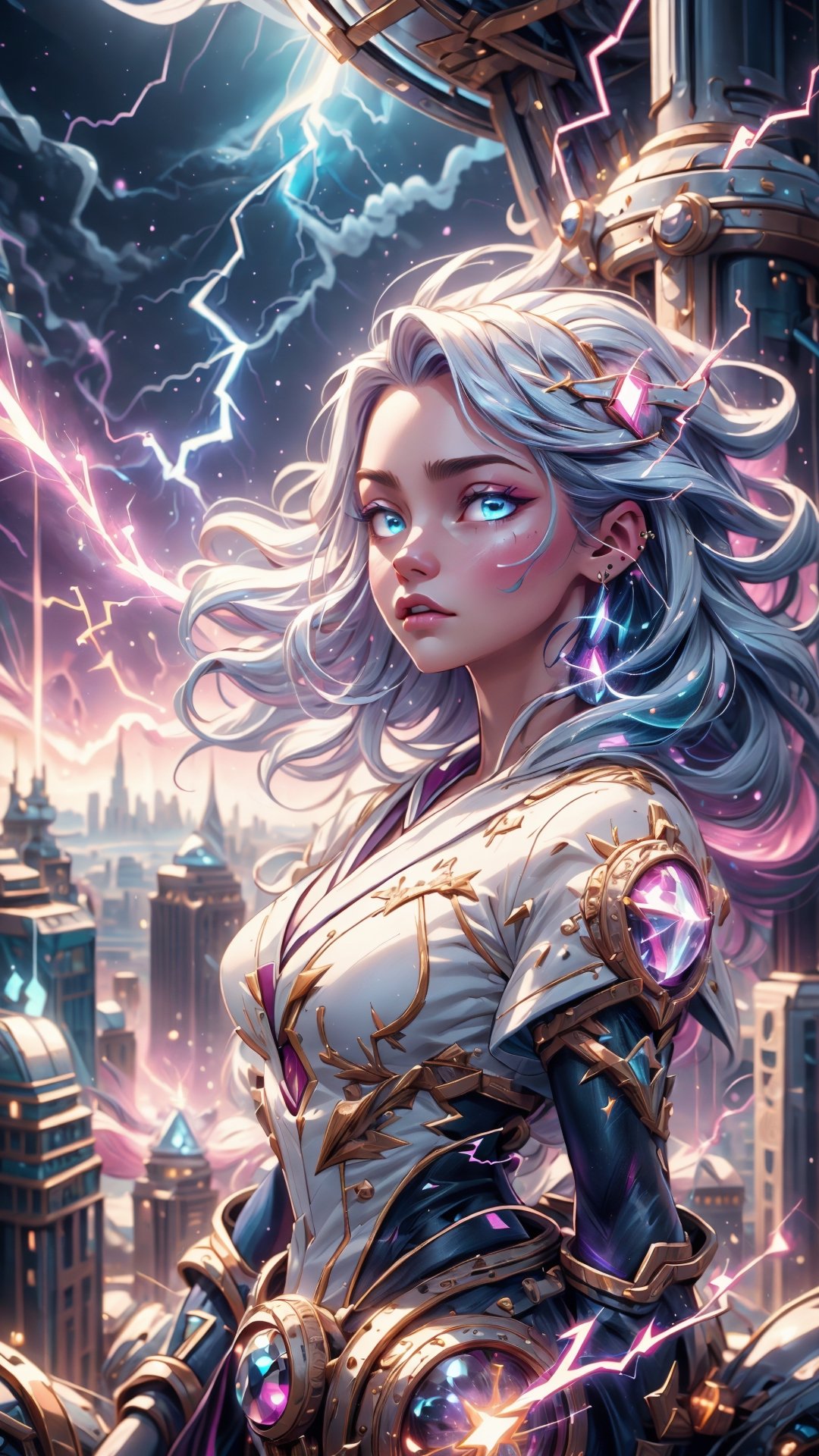 (4k), (masterpiece), (best quality),(extremely intricate), (realistic), (sharp focus), (award winning), (cinematic lighting), (extremely detailed), 

A young sorceress with long cerulean blue hair and piercing blue eyes, standing on top of a high rise building of new york. She is wearing a flowing pure white robe with silver lightning bolts embroidered on it. Her staff is in her hand, and it is crackling with electricity. She is surrounded by a swirling vortex of lightning energy.,DonMl1ghtning,DonMC3l3st14l3xpl0r3rsXL