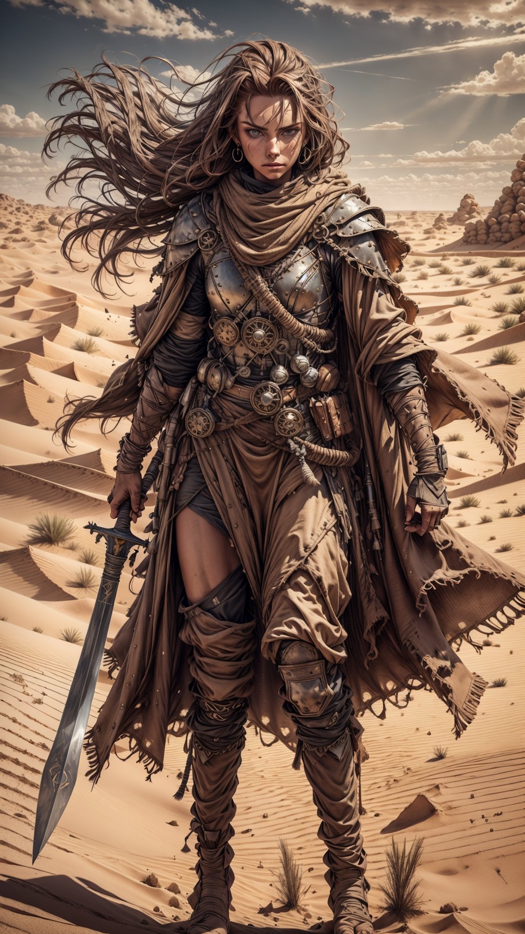 (4k), (masterpiece), (best quality),(extremely intricate), (realistic), (sharp focus), (cinematic lighting), (extremely detailed), 

A beautiful and powerful girl sand dune warrior with long flowing brown hair and piercing amber eyes, standing on a sand dune overlooking a vast desert, her scimitar drawn and ready to battle.
,davincitech,Des3rt4rmor